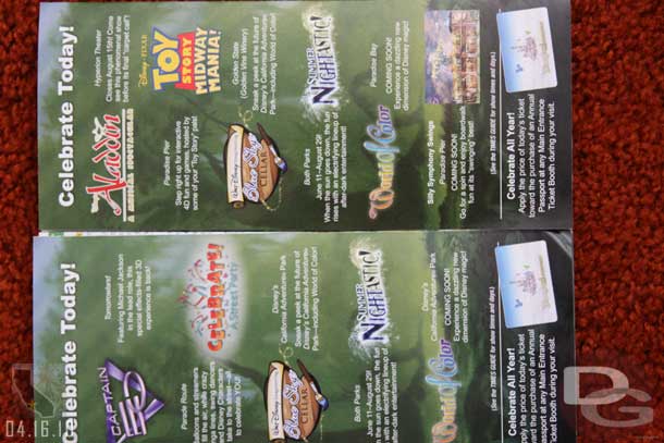 The ads in the guidemaps.  World of Color says coming soon...