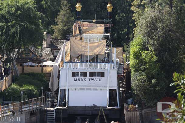 The scaffolding/tarps are removed from the back of the Mark Twain as they prepare for the re-installation of the paddle wheel.