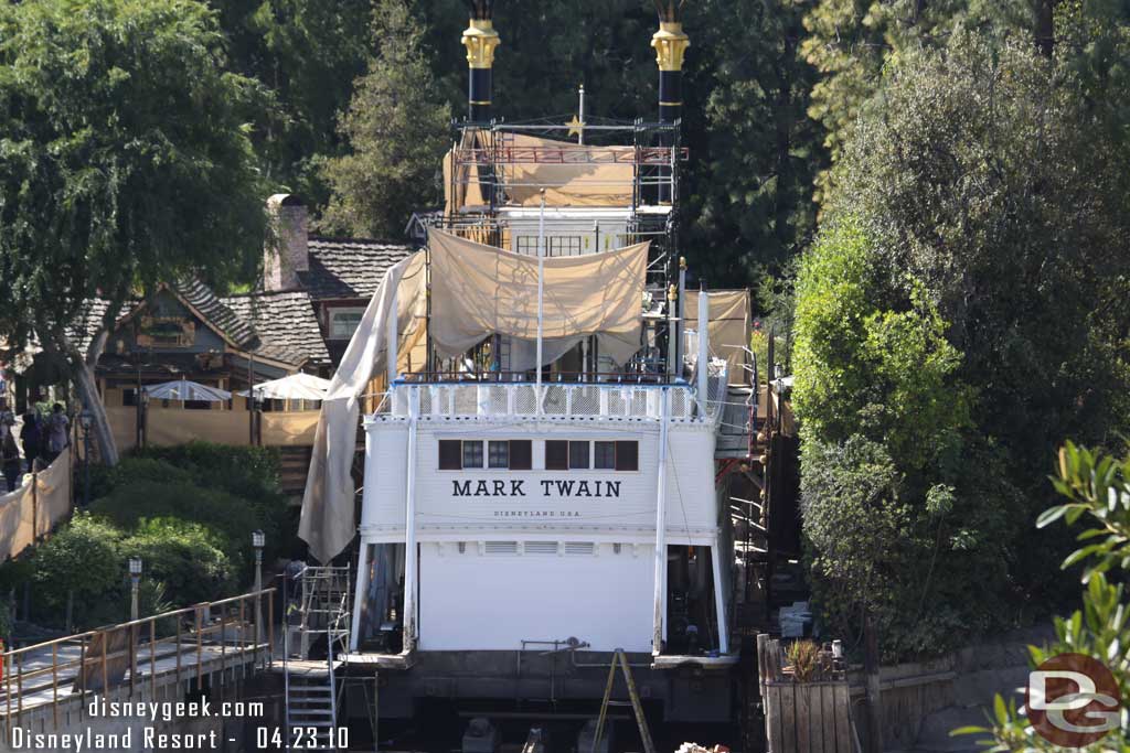 The scaffolding/tarps are removed from the back of the Mark Twain as they prepare for the re-installation of the paddle wheel.