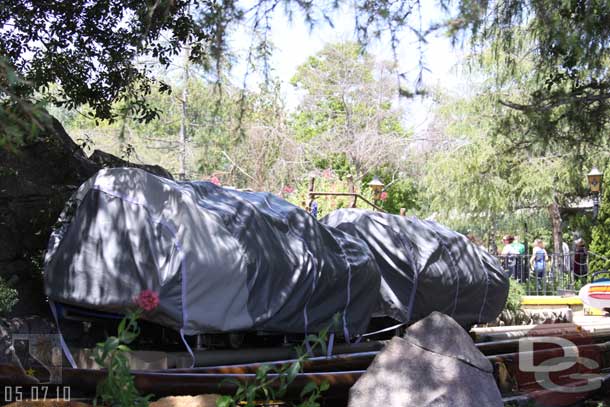 The new Matterhorn sled is covered up and off the main line since the attraction is running again.