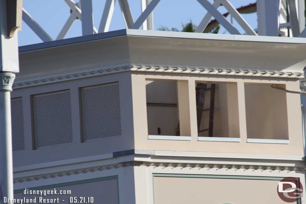 Some of the covers for the openings are installed on the left tower.