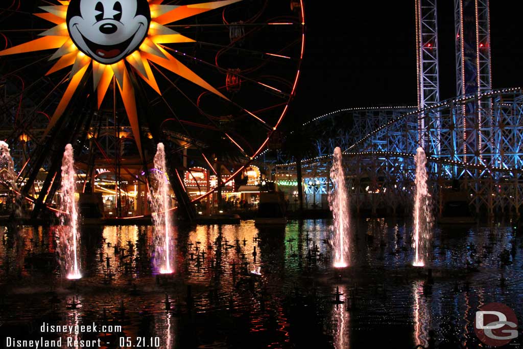 They were doing some light testing of the fountains.. looked to me they were waiting for everyone to leave so they can run the show.