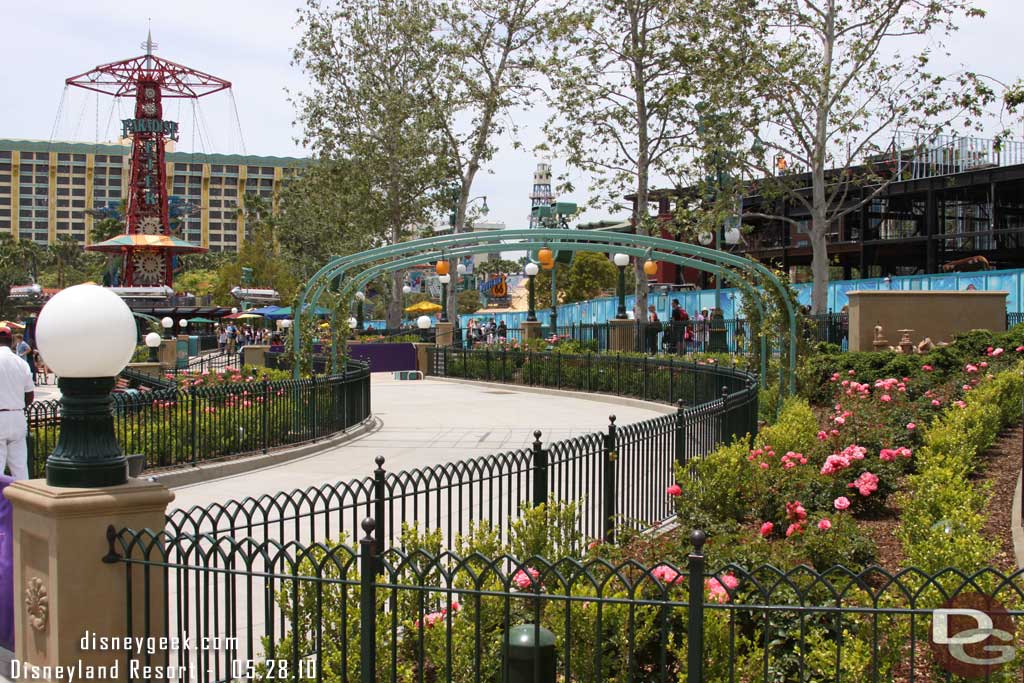 The programming trailers for World of Color are gone.  The area is still blocked off.