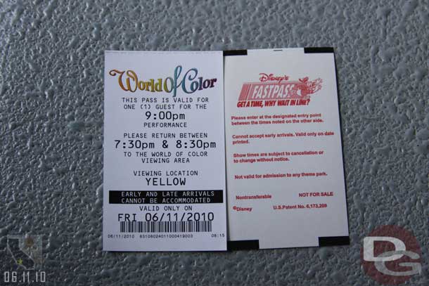 A shot of our Fastpasses for the day (wish we could have kept them since it was opening day).