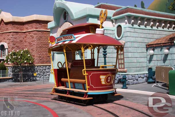 The trolley has been moved down to near Roger Rabbit while the work is ongoing.  It would be great to see them running again someday..