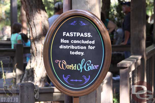 Back to DCA.. walked by GRR and noticed all the Fastpasses for World of Color were gone (it was pushing 6:00pm so no surprise).