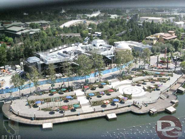 A wide shot of the Mermaid work and World of Color viewing area.