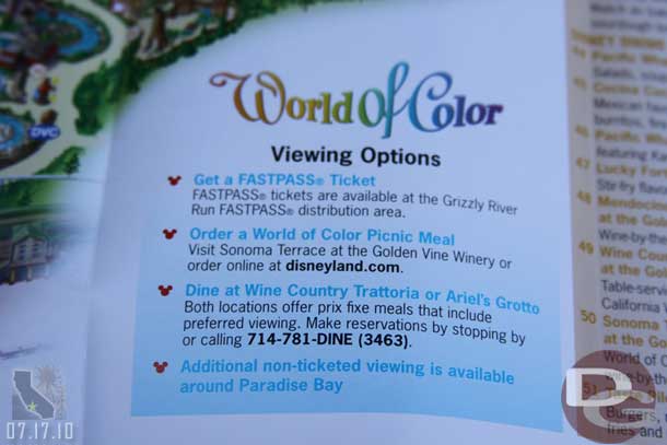World of Color viewing options are now listed on the map.