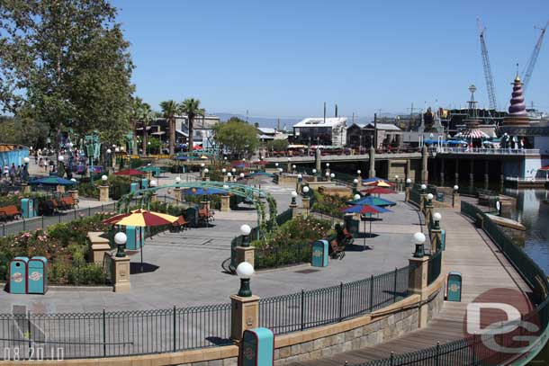 The umbrellas were up this week, but the fountain was still off.