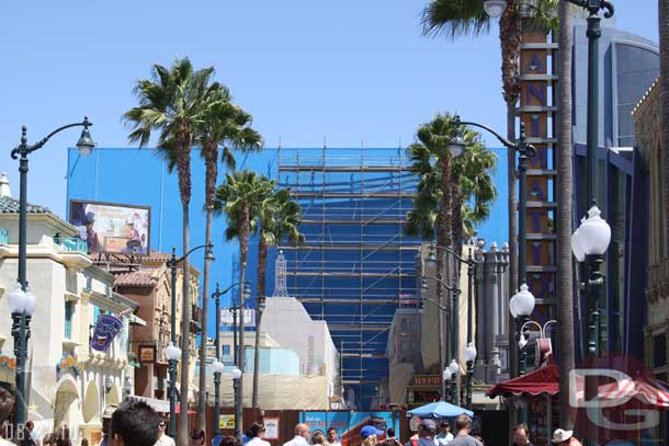 Scaffolding was up on just the center section of the building.  The outsides looked to be accessible from a moveable platform.