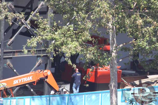 From the Fun Wheel looking in.  Looks like they were installing some equipment in the Mermaid building, there was a rigging machine visible.