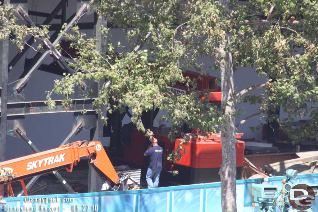 From the Fun Wheel looking in.  Looks like they were installing some equipment in the Mermaid building, there was a rigging machine visible.