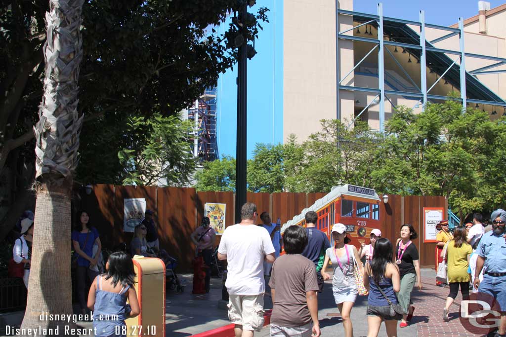 The wall for the red car extends almost to the courtyard by tower (remember where the rails ended).