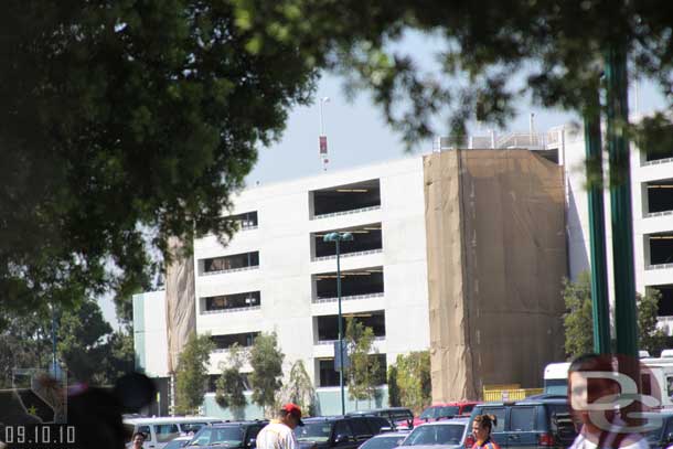 Looks like they are working on the far stairwells of the garage.  Probably repainting.