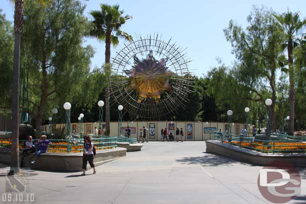 Walls are up around the sun icon as this will be coming down to make room for Buena Vista Street.