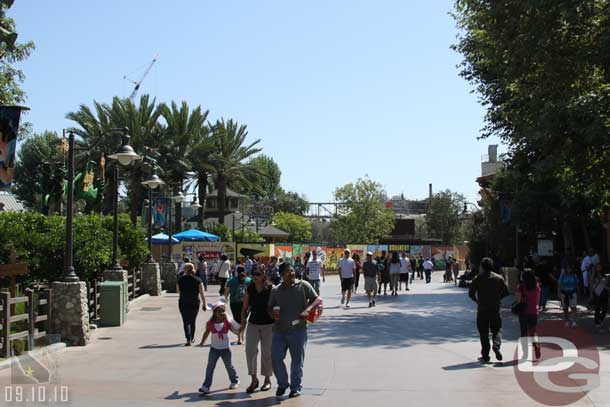 Heading out toward Cars Land.  The walls extend to the parade route and enclose most of the old Farm area.