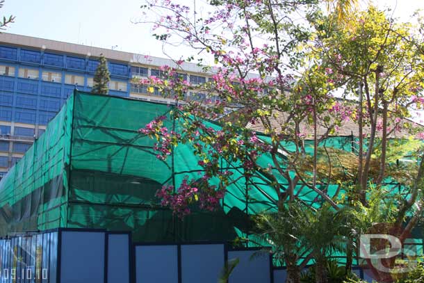 Scaffolding and tarps are up around the old shopping Village at the Disneyland Hotel