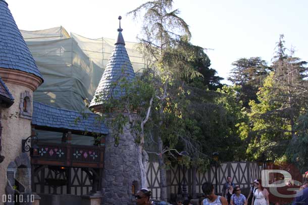 The Village Haus is closed for rennovation and the candy store is covered up to become the Tangled Meet and Greet.