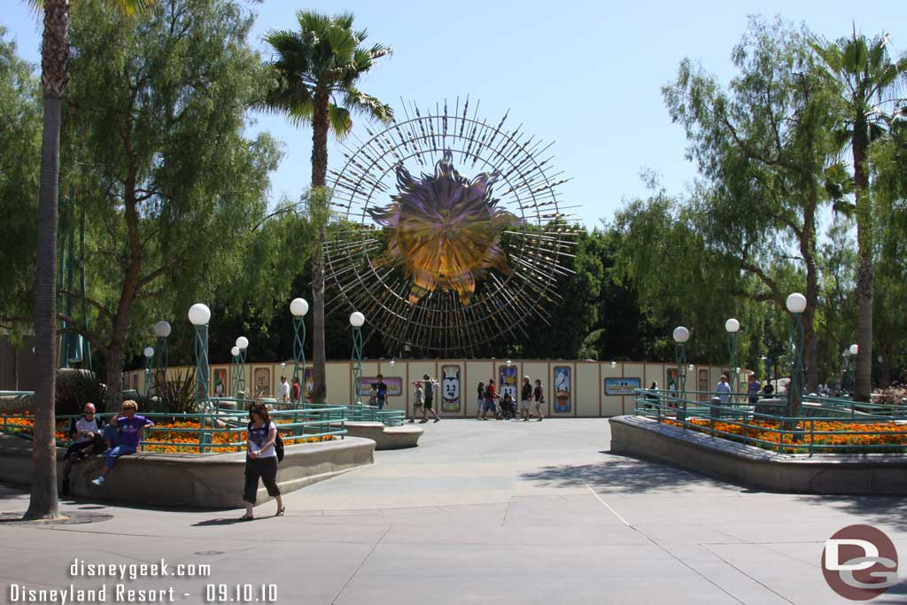 Walls are up around the sun icon as this will be coming down to make room for Buena Vista Street.