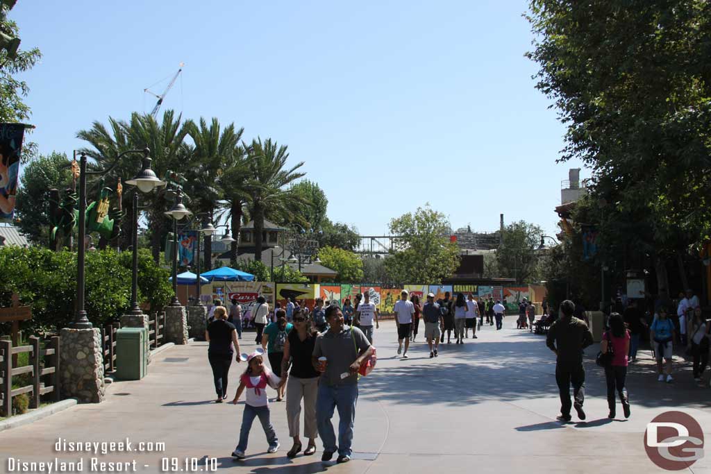 Heading out toward Cars Land.  The walls extend to the parade route and enclose most of the old Farm area.