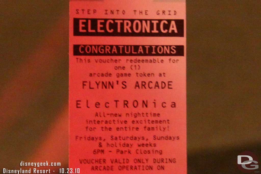 We headed over to ElecTRONica.  Earlier in the day we were handed a Fastpass for a token to the arcade.  