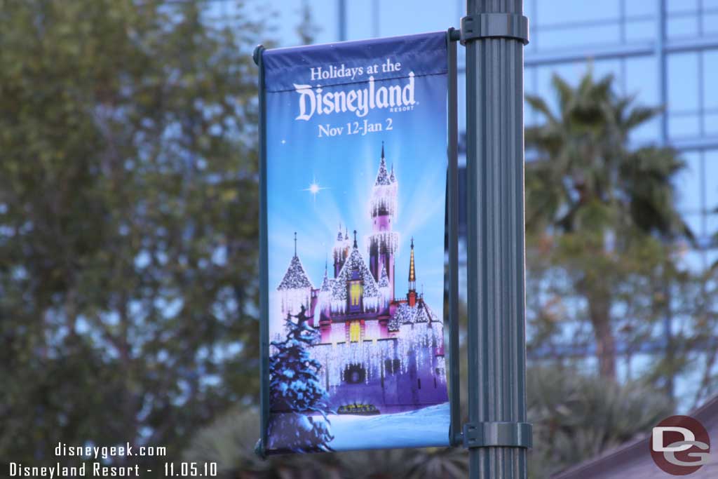 A different holiday banner in Downtown Disney