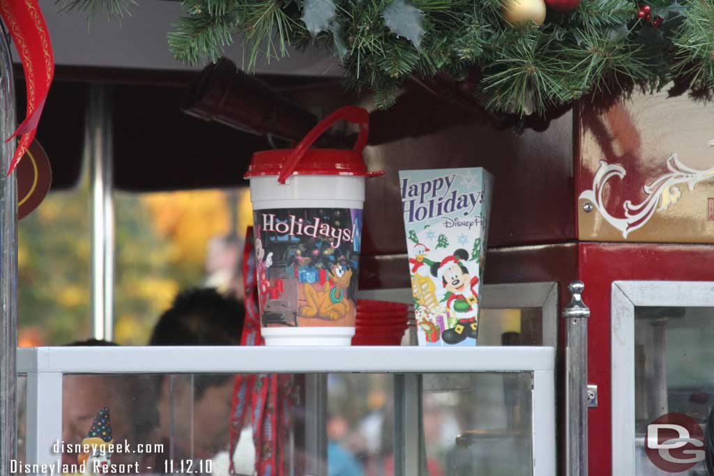 The Holiday popcorn buckets.