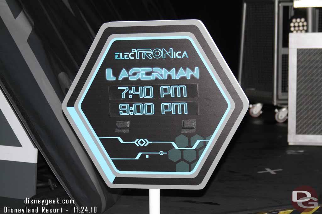 There is now a sign with show times for Laser Man!