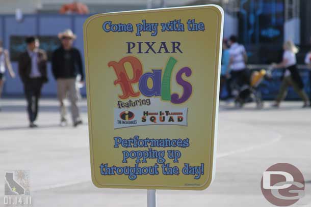 Over to DCA now. There were signs up for the new Pixar Pals shows.  No real details time/location though.   The first of three started today.