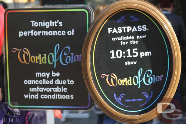 A sign warning you about World of Color, guessing because of the high winds that were in the forecast.