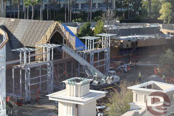 The structure for the facade of the Boardwalk Pizza place is moving along.