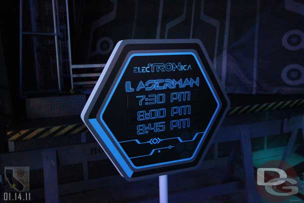 Laserman show times, not in the guide but at least a couple of signs near the stage.