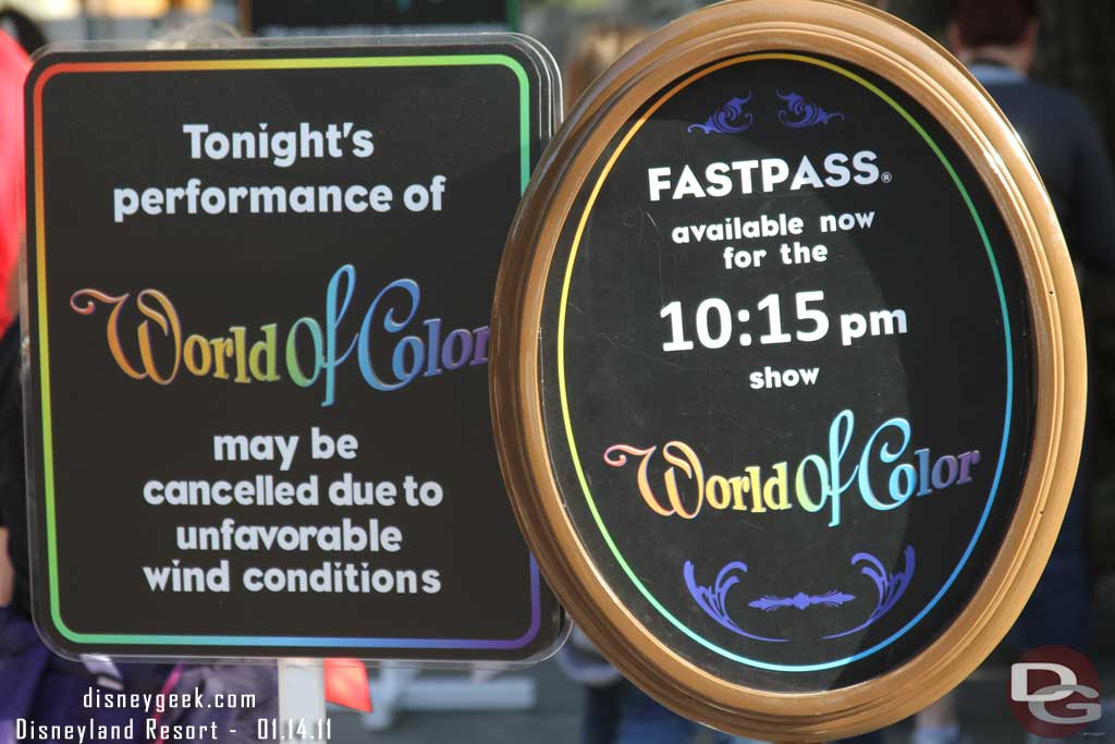 A sign warning you about World of Color, guessing because of the high winds that were in the forecast.