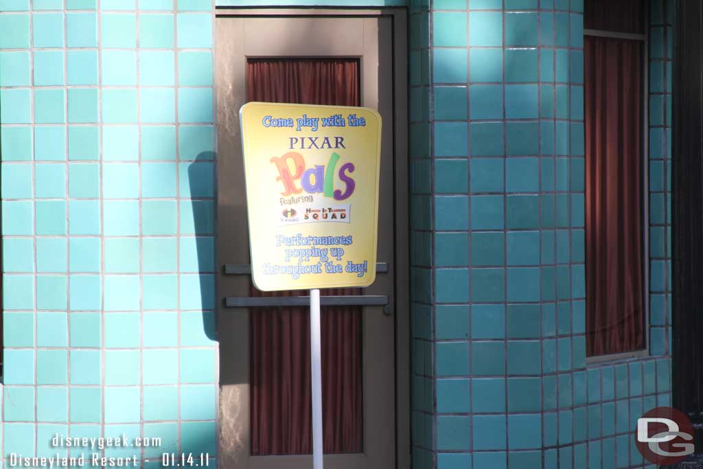 Another random sign for the Pixar Pals.  That and a bunch of CMs and some tape in the area are the only hints a show was going to be starting soon. 