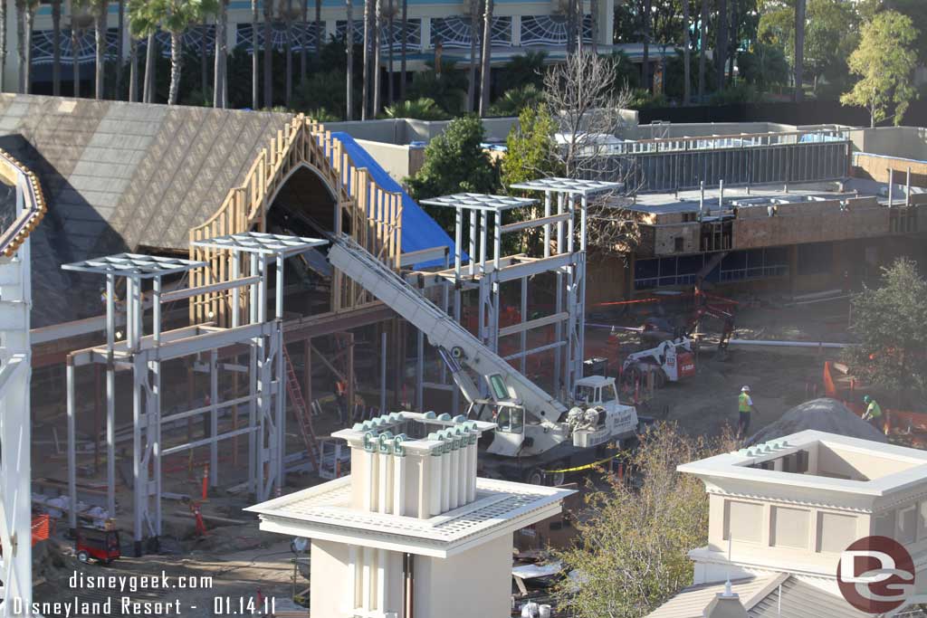 The structure for the facade of the Boardwalk Pizza place is moving along.