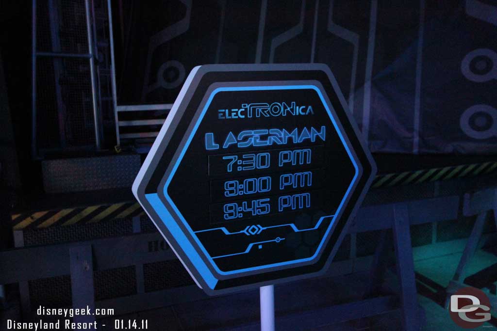 Laserman show times, not in the guide but at least a couple of signs near the stage.