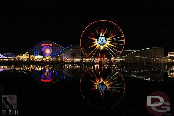 Waiting for World of Color.  I opted to head down to the water and ended up front row near where it jets out for the stage.  (well I let some kids in front of me so second row in the Red section section).