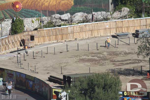 Moving over to Cars Land they have put in place the steel for the retaining wall for Maters.  They will now dig the pit for the ride system in the center of that circle.