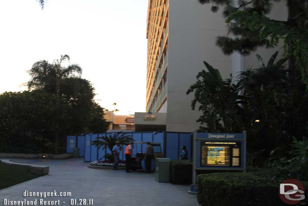 Over to the Disneyland Hotel.  Walls are now up around the Magic Tower.