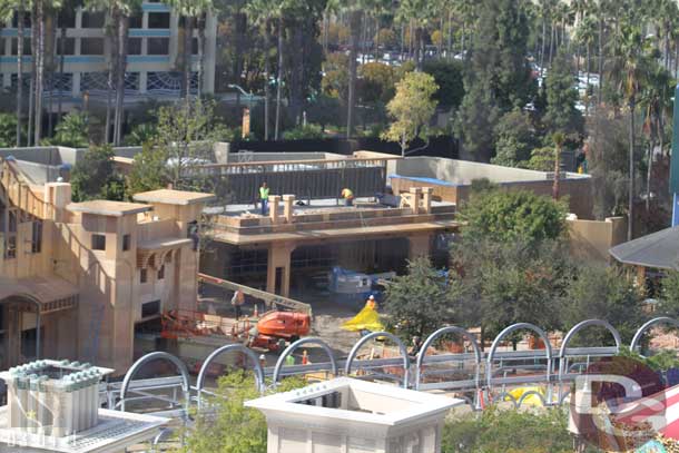 The new dining area is moving along.  They have steel up for the shade structure that will go along the parade route/dining area and the wood facades of the two restaurants is really taking shape now.