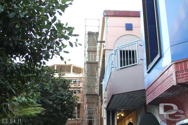 Work seems to be moving along slowly on the facade of the building that houses the restaurants.