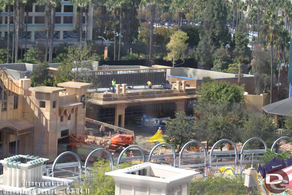 The new dining area is moving along.  They have steel up for the shade structure that will go along the parade route/dining area and the wood facades of the two restaurants is really taking shape now.