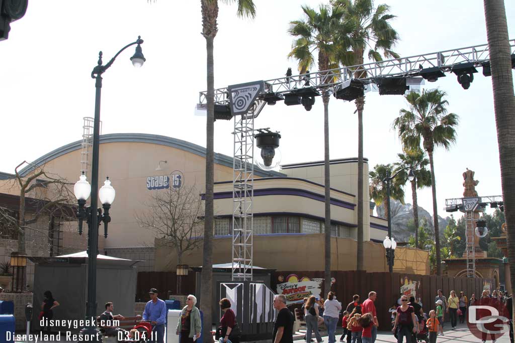 Work on the facade repainting for Playhouse Disney is moving along.