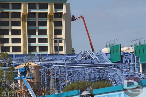 In the foreground notice the water tower for Goofys.  In the Background a lift working on the Paradise Pier Hotel (they removed the service elevator recently and my guess is they were cleaning up from that).