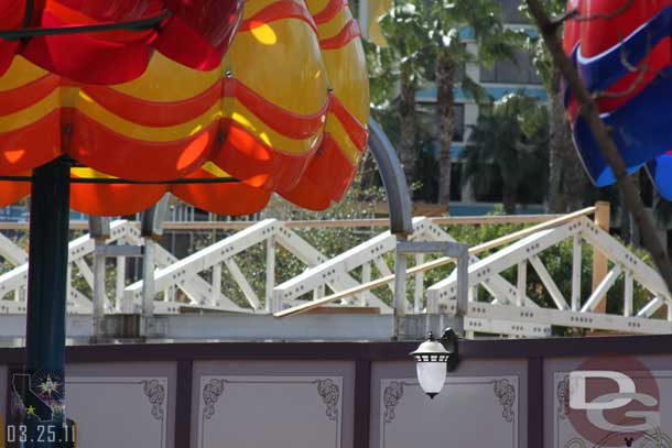 The roof structure for the seating area along the parade route is being installed.