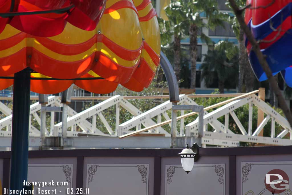 The roof structure for the seating area along the parade route is being installed.