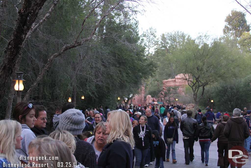 They moved the line and I ended up near the pond across from Big Thunder.  Quite a ways back but made it in with no problem to the first showing.