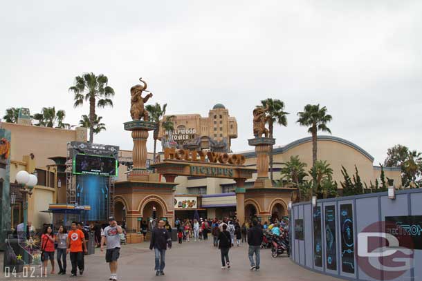 The Electronica signage is gone off the Hollywood Pictures arch.  (Forgot to mention the stage is gone from the entrance area too).