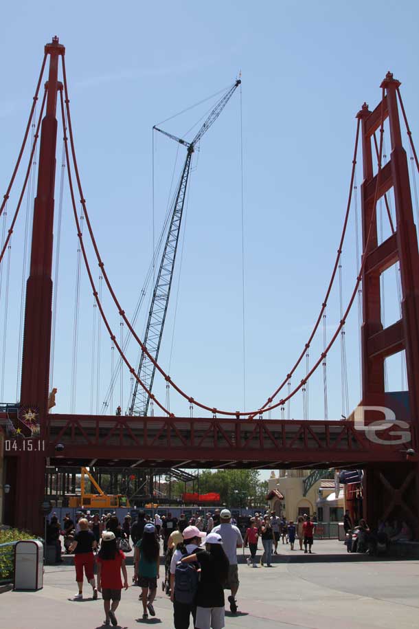 Heading into the park the crane is still there raising steel for the Carthay Theater.