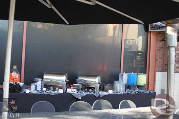 A buffet set up on the patio of the ESPN Zone